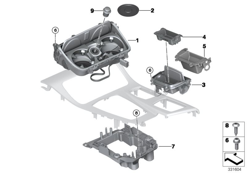 Picture board Mounted parts for centre console for the BMW 5 Series models  Original BMW spare parts from the electronic parts catalog (ETK) for BMW motor vehicles (car)   Ashtray insert, Cup holder, centre console, front, Fillister head screw, Insert, st
