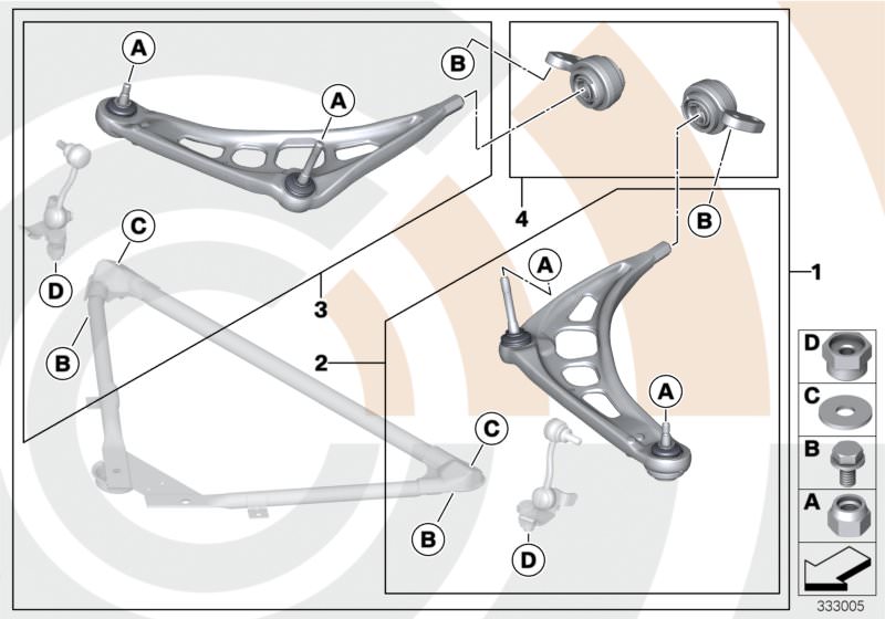 Picture board Service kit control arm / Value Line for the BMW 3 Series models  Original BMW spare parts from the electronic parts catalog (ETK) for BMW motor vehicles (car)   Repair kit, wishbone, left, Repair kit, wishbone, right, Set of brackets with r