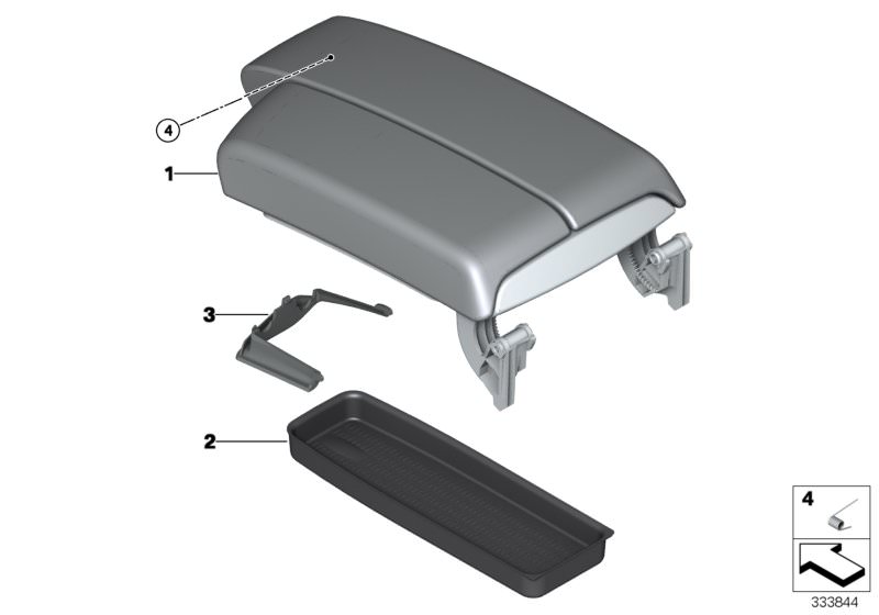 Picture board Armrest, centre console for the BMW 3 Series models  Original BMW spare parts from the electronic parts catalog (ETK) for BMW motor vehicles (car)   Armrest, leatherette, front middle, Cover, Insert, Spring