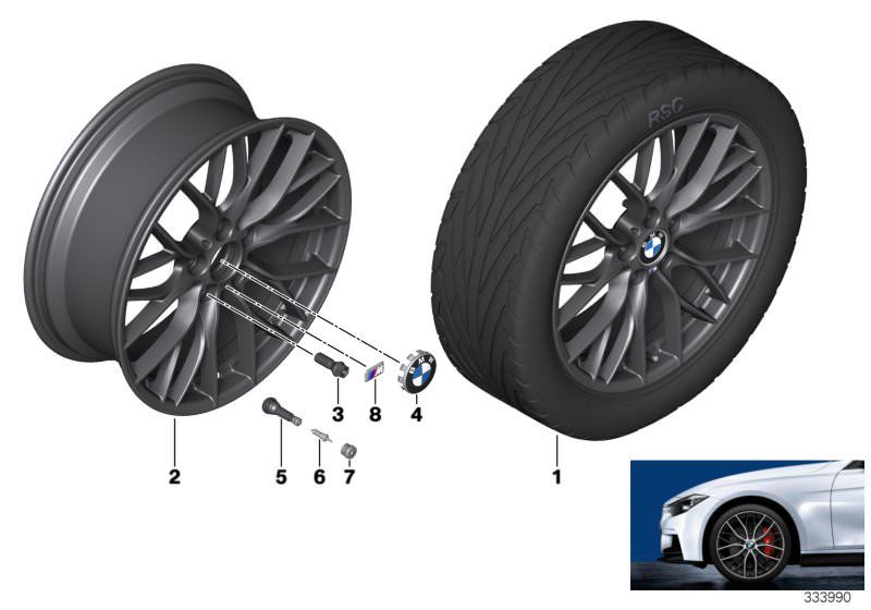 Picture board BMW LA wheel M double spoke 405-18´´ for the BMW 3 Series models  Original BMW spare parts from the electronic parts catalog (ETK) for BMW motor vehicles (car)   Disc wheel, light alloy, matt black, Hub cap with chrome edge, M badge, Rubber 