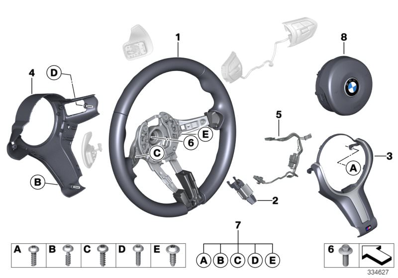 Picture board M sports strng whl,airbag,multifunction for the BMW 1 Series models  Original BMW spare parts from the electronic parts catalog (ETK) for BMW motor vehicles (car)   Airbag module, driver´s side, connecting line, steering wheel, Cover, steeri