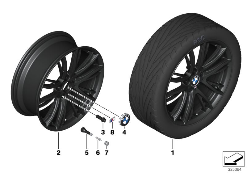 Picture board BMW LA wheel, M double spoke 624 - 20´´ for the BMW 4 Series models  Original BMW spare parts from the electronic parts catalog (ETK) for BMW motor vehicles (car)   Disc wheel, light alloy, matt black, Hub cap with chrome edge, M badge, Rubb