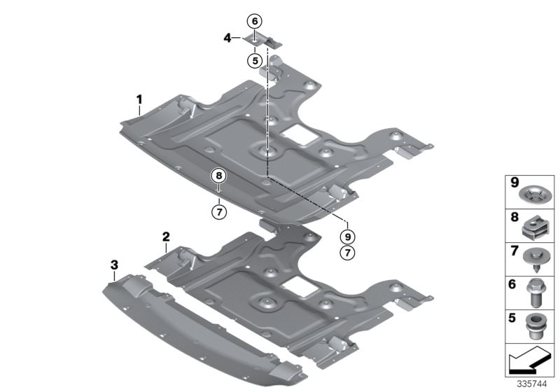 Picture board Underbonnet screen for the BMW 5 Series models  Original BMW spare parts from the electronic parts catalog (ETK) for BMW motor vehicles (car)   Blind rivet nut, flat headed, C-clip plastic nut, Engine compartment shielding, front, Hex Bolt, 