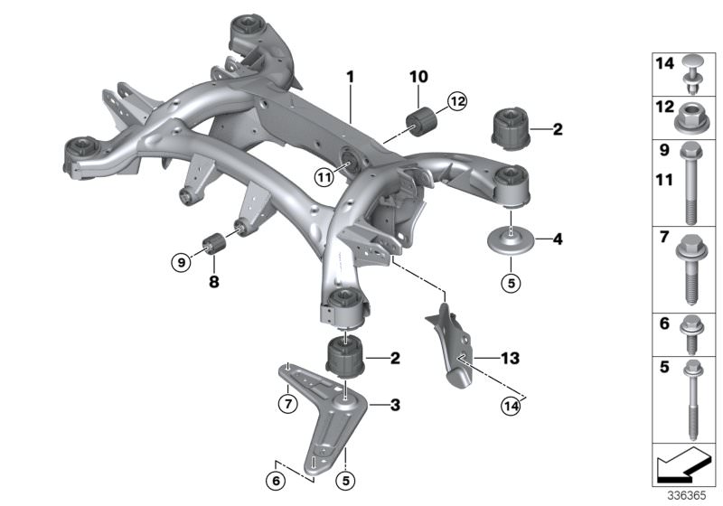 Picture board REAR AXLE CARRIER for the BMW X Series models  Original BMW spare parts from the electronic parts catalog (ETK) for BMW motor vehicles (car)   Combination nut, Compression strut, front right, Expanding rivet, Hex Bolt with washer, REAR AXLE 