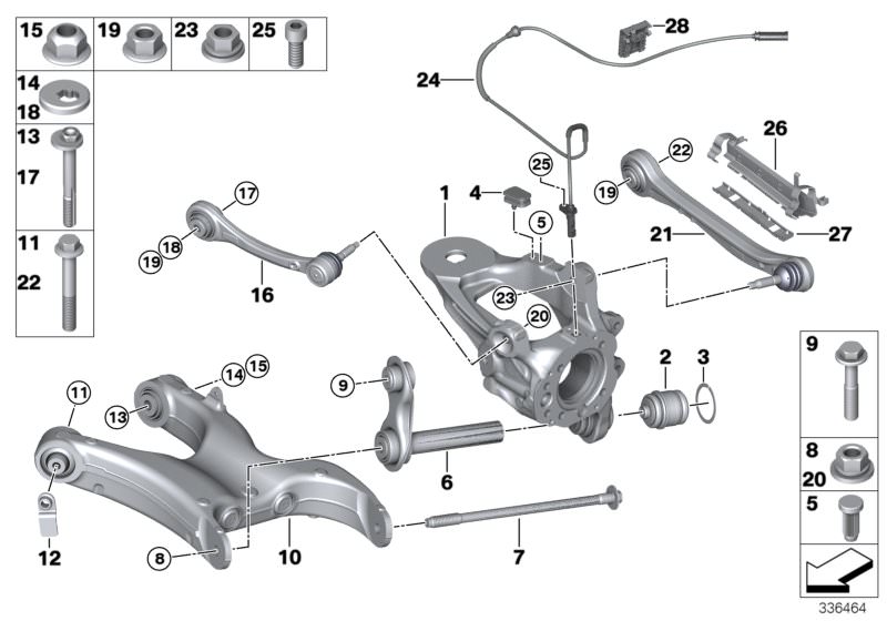 Picture board REAR AXLE SUPPORT/WHEEL SUSPENSION for the BMW X Series models  Original BMW spare parts from the electronic parts catalog (ETK) for BMW motor vehicles (car)   Ball joint, Combination nut, Cover, line holder, DXC pulse generator, rear, ECCEN