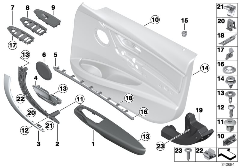 Picture board Mounting parts, door trim panel, front for the BMW 3 Series models  Original BMW spare parts from the electronic parts catalog (ETK) for BMW motor vehicles (car)   Accent strip, front right, Armrest, leather, front left, Carrier, door pull, 