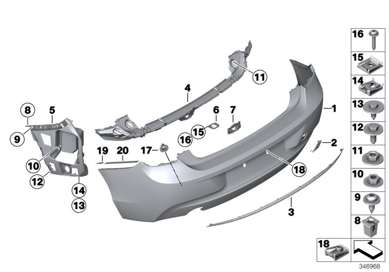 Picture board Trim panel, rear for the BMW 1 Series models  Original BMW spare parts from the electronic parts catalog (ETK) for BMW motor vehicles (car)   C-clip nut, Clip nut, Combination nut, Expanding nut, Fillister head screw, Fillister head self-tap