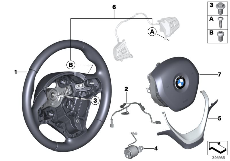 Picture board Airbag sports steering wheel, leather for the BMW 4 Series models  Original BMW spare parts from the electronic parts catalog (ETK) for BMW motor vehicles (car)   Airbag module, driver´s side, connecting line, steering wheel, Cover,steer.whe
