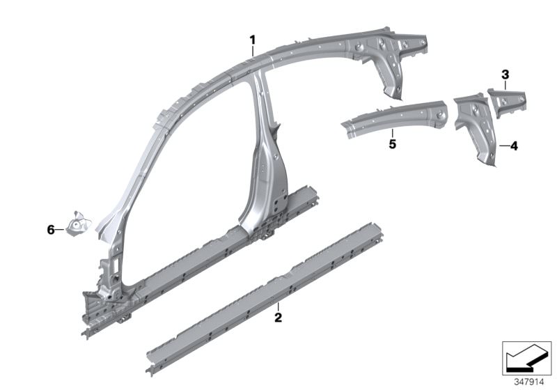 Picture board Side frame, middle for the BMW 4 Series models  Original BMW spare parts from the electronic parts catalog (ETK) for BMW motor vehicles (car)   C-pillar reinforcement, left, Console, front end strut, right, Reinforcement, entrance, left, Rei