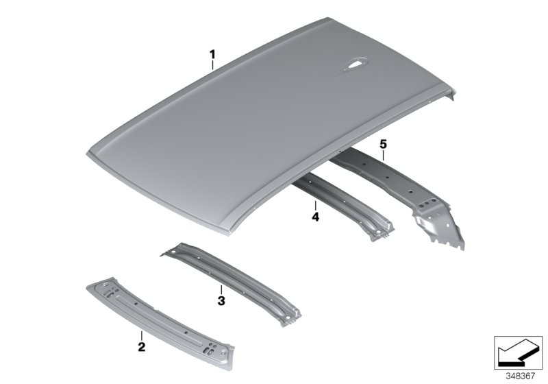 Picture board Roof for the BMW X Series models  Original BMW spare parts from the electronic parts catalog (ETK) for BMW motor vehicles (car)   Rear roof bow, Rear window frame, Roof bow, front, Roof panel, UPPER APRON