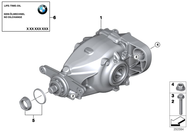Picture board Rear axle differential / mounting for the BMW X Series models  Original BMW spare parts from the electronic parts catalog (ETK) for BMW motor vehicles (car)   Combination nut, Hex Bolt with washer, Rear-axle-drive, Repair kit insert nut, Sti
