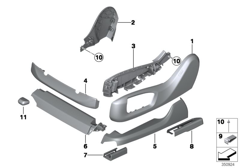 Picture board SEAT FRONT SEAT COVERINGS for the BMW 5 Series models  Original BMW spare parts from the electronic parts catalog (ETK) for BMW motor vehicles (car)   Blind rivet, Clamp, Finisher, upper rail, exterior, right, Finisher, upper rail, front, ri