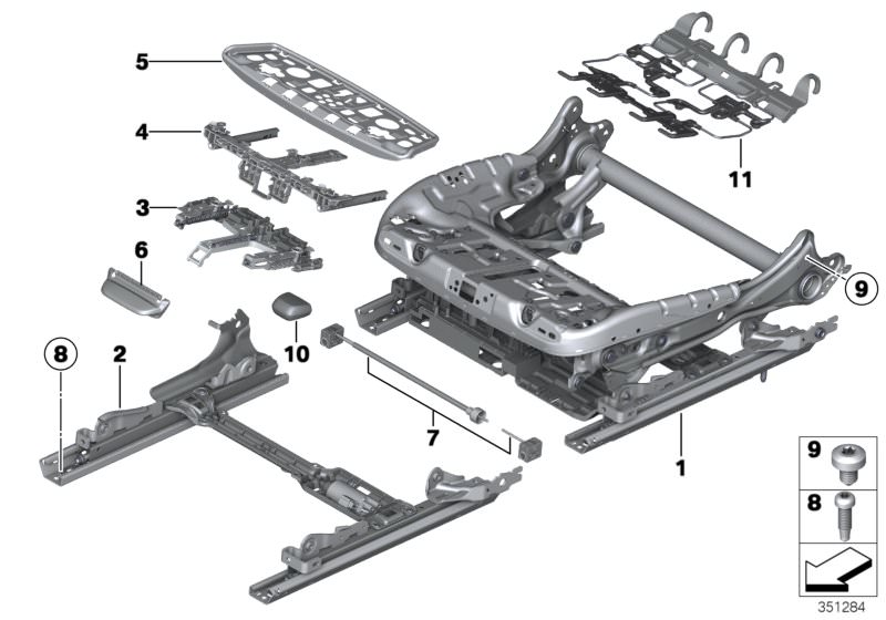 Picture board Seat, front, seat frame for the BMW 5 Series models  Original BMW spare parts from the electronic parts catalog (ETK) for BMW motor vehicles (car)   Carrier thigh support, Countersunk screw, Fillister head screw, Handle, forward/back seat ad