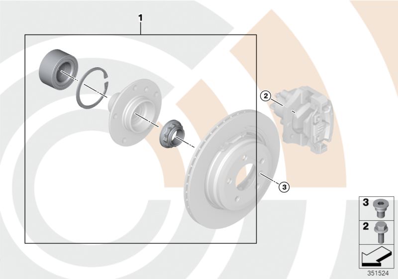 Illustration du Kit réparation roulement de roue arrière pour les BMW 3 Série Modèles  Pièces de rechange d'origine BMW du catalogue de pièces électroniques (ETK) pour véhicules automobiles BMW (voiture)   Collar screw, Inner hex bolt, Repair kit, wheel b