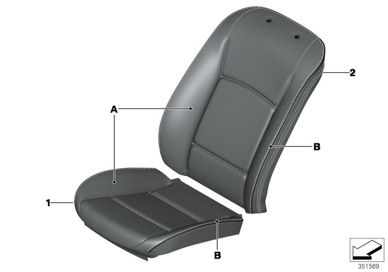 Picture board Indiv.cover, basic seat, front for the BMW 5 Series models  Original BMW spare parts from the electronic parts catalog (ETK) for BMW motor vehicles (car)   Basic backrest leather cover, right, Seat cover, basic seat, leather
