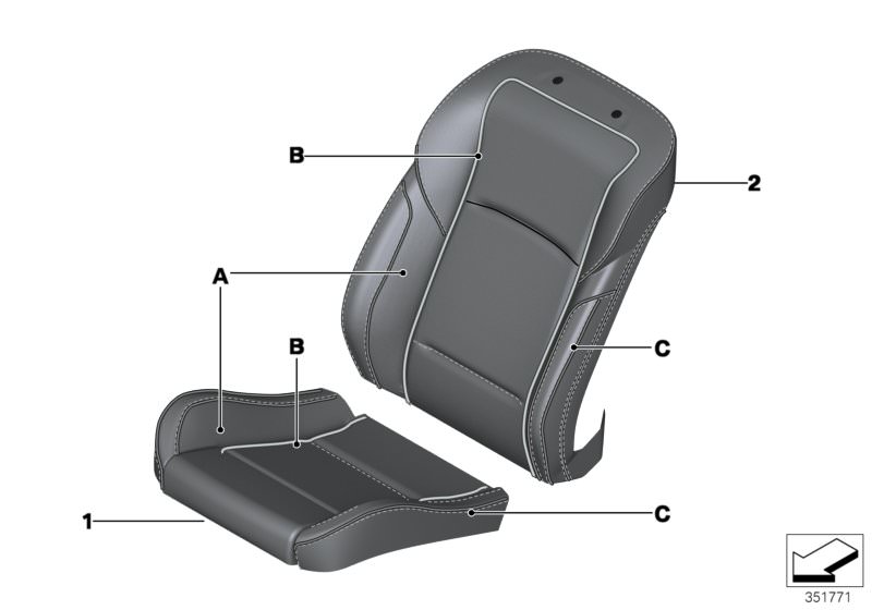 Picture board Individual sports seat cover, front for the BMW 5 Series models  Original BMW spare parts from the electronic parts catalog (ETK) for BMW motor vehicles (car)   Cover, sports seat, leather, Cover,backrest,sports seat,leather right