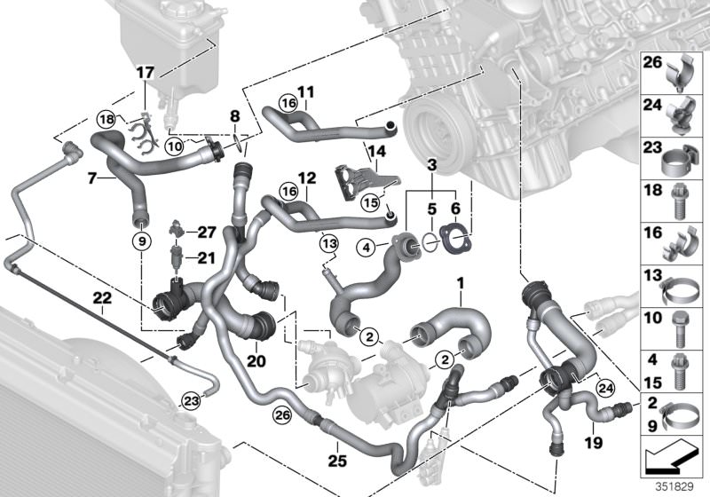 Bildtafel Kühlsystem-Kühlmittelschläuche für die BMW 5er Modelle  Original BMW Ersatzteile aus dem elektronischen Teilekatalog (ETK) für BMW Kraftfahrzeuge( Auto)    Abstandshalter, Buchsengehäuse, Dichtung, Doppelhalter, Entlüftungsleitung, Leitung Motor