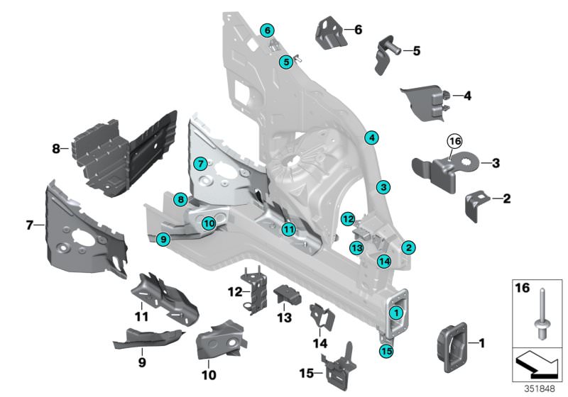 Picture board FRONT BODY BRACKET LEFT for the BMW X Series models  Original BMW spare parts from the electronic parts catalog (ETK) for BMW motor vehicles (car)   Blind rivet N10, Bracket AFS, Bracket, hood catch, left, Bracket, left, Bracket, module carr