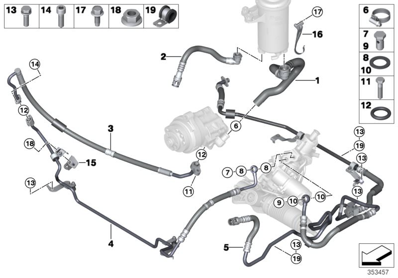 Picture board Oil lines for the BMW X Series models  Original BMW spare parts from the electronic parts catalog (ETK) for BMW motor vehicles (car)   Bracket f expansion hose, Clamp, Expansion hose, part 1, Expansion hose, part 2, Fillister head screw, Gas