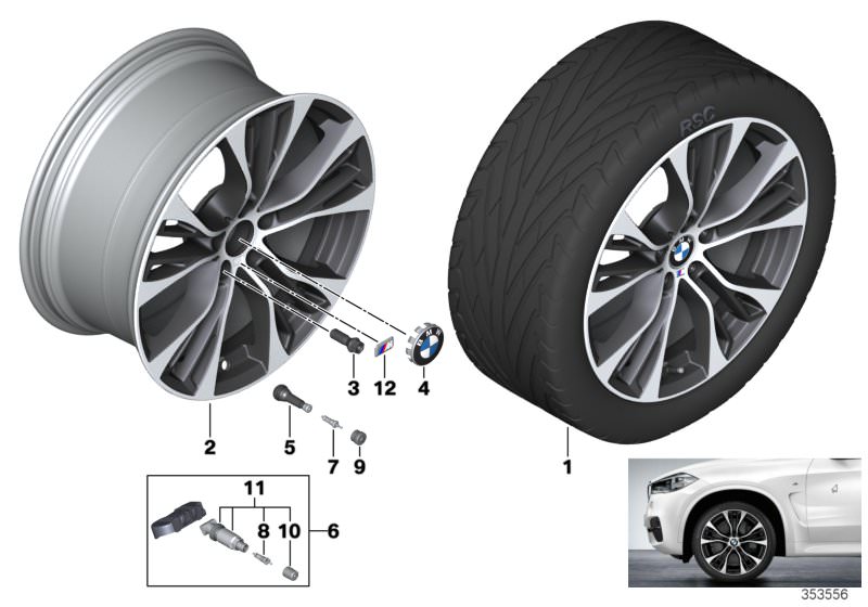 Picture board BMW LA wheel, M double spoke 599M for the BMW X Series models  Original BMW spare parts from the electronic parts catalog (ETK) for BMW motor vehicles (car)   Disc wheel, light alloy, bright-turned, Hub cap with chrome edge, M badge, Repair 