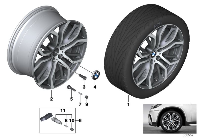 Picture board BMW LA wheel Y-spoke 375 BMW Performance for the BMW X Series models  Original BMW spare parts from the electronic parts catalog (ETK) for BMW motor vehicles (car)   Disc wheel, light alloy, bright-turned, Hub cap with chrome edge, Repair ki