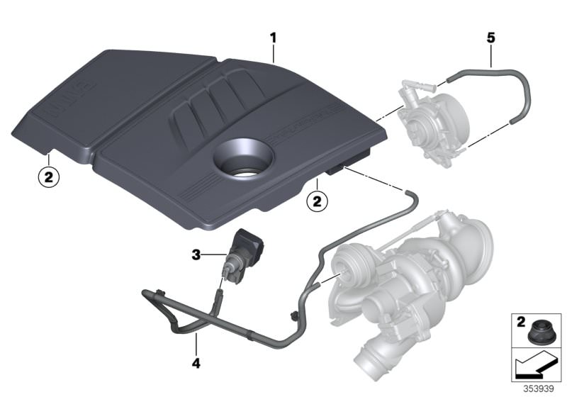 Picture board VACUM CONTROL-ENGINE-TURBO CHARGER for the BMW 1 Series models  Original BMW spare parts from the electronic parts catalog (ETK) for BMW motor vehicles (car)   Cover, acoustic, with vacuum reservoir, PRESSURE CONVERTER, Rubber buffer, Vacuum
