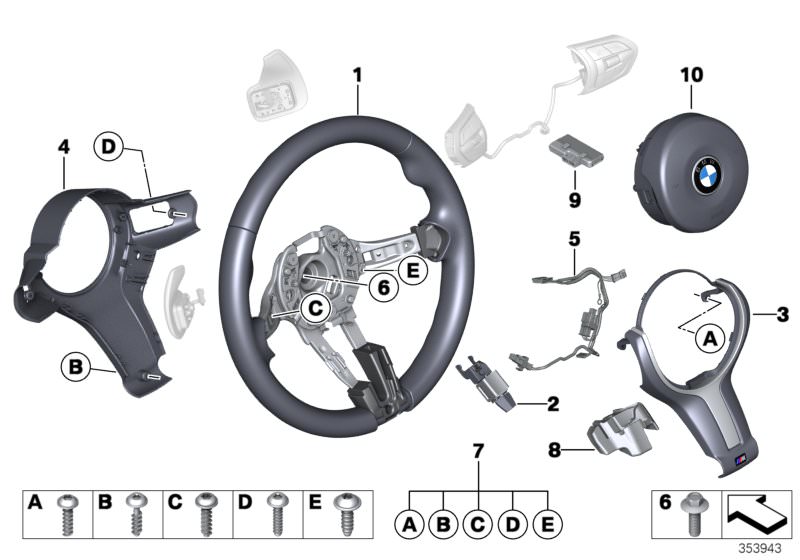 Picture board M Sports steer.-wheel, airbag, leather for the BMW X Series models  Original BMW spare parts from the electronic parts catalog (ETK) for BMW motor vehicles (car)   Acoustic foam part, Airbag module, driver´s side, connecting line, steering w