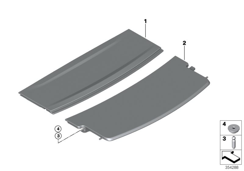 Picture board REAR WINDOW SHELF for the BMW 3 Series models  Original BMW spare parts from the electronic parts catalog (ETK) for BMW motor vehicles (car)   Adapter clip, Parcel shelf, rear, Pin, Storage shelf, front