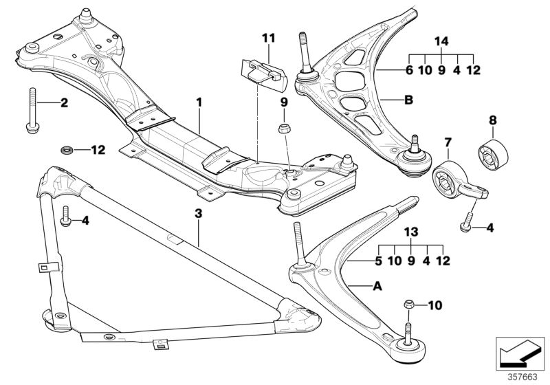 Picture board FRONT AXLE SUPPORT/WISHBONE for the BMW 3 Series models  Original BMW spare parts from the electronic parts catalog (ETK) for BMW motor vehicles (car)   Circlip, Front axle support, Hex Bolt with washer, Hex screw with collar, Reinforcement,