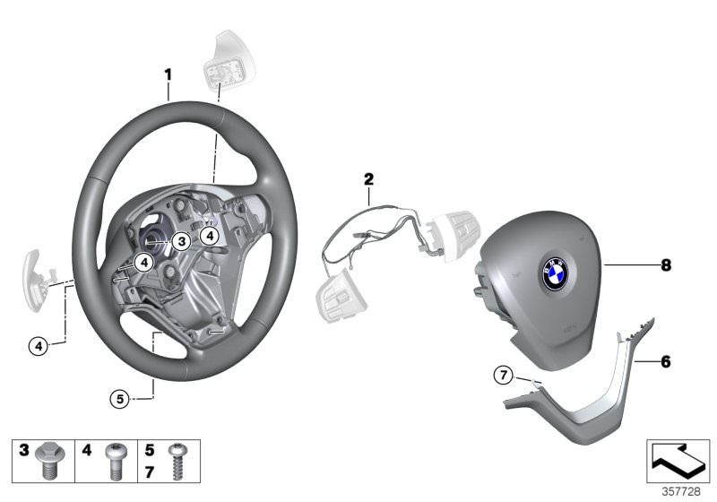 Illustration du Airbag volant sport avec manettes pour les BMW X Série Modèles  Pièces de rechange d'origine BMW du catalogue de pièces électroniques (ETK) pour véhicules automobiles BMW (voiture)   Airbag module, driver´s side, connecting line, steering 