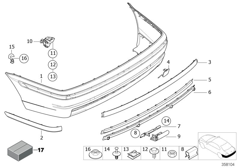 Picture board M trim panel, rear for the BMW 3 Series models  Original BMW spare parts from the electronic parts catalog (ETK) for BMW motor vehicles (car)   Set, mounting parts, bumper, rear