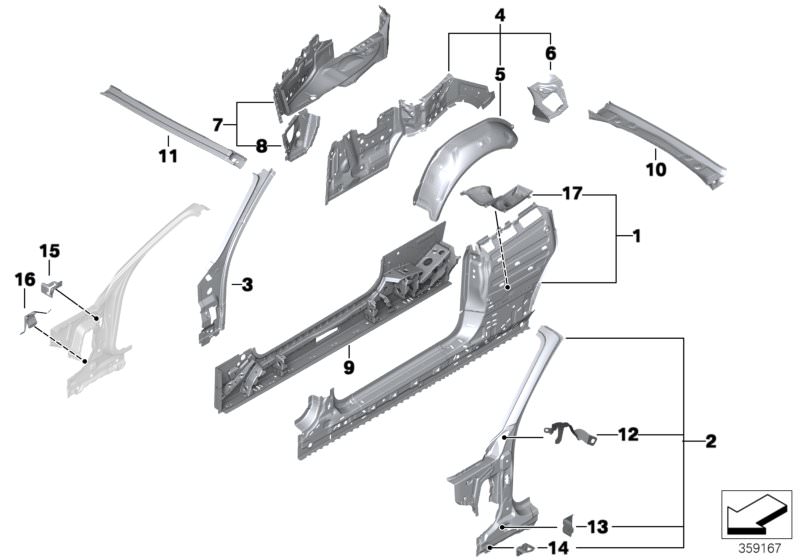 Picture board BODY-SIDE FRAME for the BMW 2 Series models  Original BMW spare parts from the electronic parts catalog (ETK) for BMW motor vehicles (car)   Bracket, side panel column A, Bracket, side panel, bottom, Bracket, side panel, top right, Bracket, 