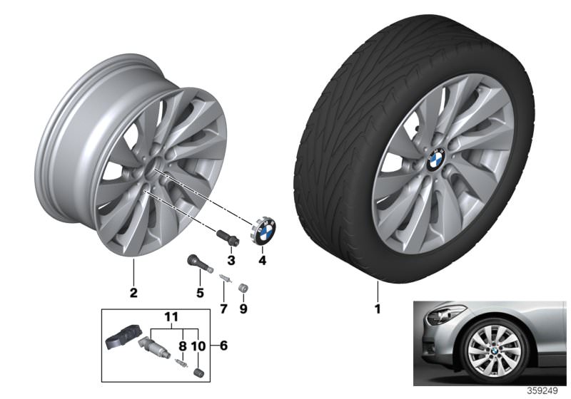Picture board BMW LA wheel turbine styling 381 for the BMW 2 Series models  Original BMW spare parts from the electronic parts catalog (ETK) for BMW motor vehicles (car)   Hub cap with chrome edge, Light alloy disc wheel Reflexsilber, RDCi Wheel/Tyre set 