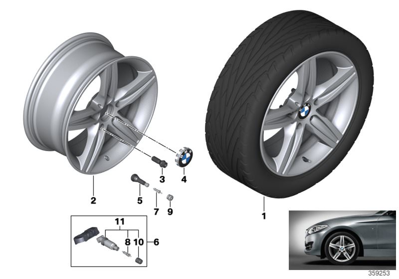 Picture board BMW LA wheel, star spoke 379 for the BMW 1 Series models  Original BMW spare parts from the electronic parts catalog (ETK) for BMW motor vehicles (car)   Disc wheel, light alloy, Orbitgrey, Hub cap with chrome edge, Repair kit, screw-type va