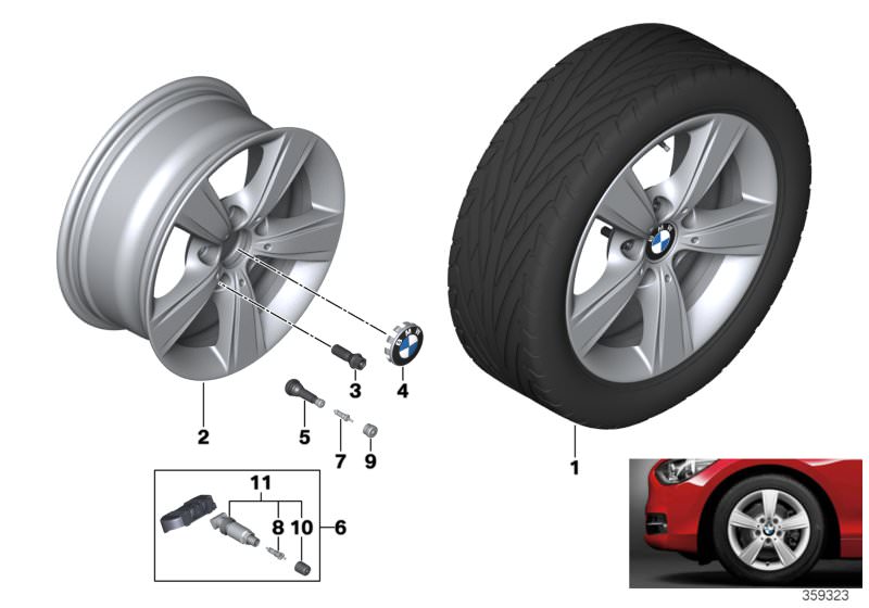 Picture board BMW LA wheel, star spoke 376 for the BMW 2 Series models  Original BMW spare parts from the electronic parts catalog (ETK) for BMW motor vehicles (car)   Hub cap with chrome edge, Light alloy disc wheel Reflexsilber, RDCi Wheel/Tyre set Summ