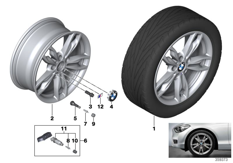 Picture board BMW LA wheel M double spoke 436-18´´ for the BMW 1 Series models  Original BMW spare parts from the electronic parts catalog (ETK) for BMW motor vehicles (car)   Hub cap with chrome edge, Light alloy rim Ferricgrey, M badge, Repair kit, scre