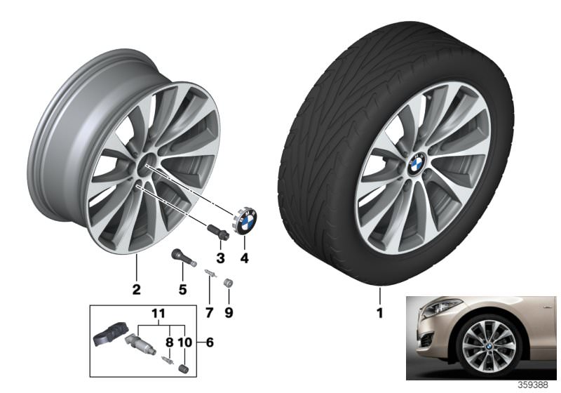 Picture board BMW LA wheel, V-spoke 387 - 18´´ for the BMW 1 Series models  Original BMW spare parts from the electronic parts catalog (ETK) for BMW motor vehicles (car)   Hub cap with chrome edge, Light alloy rim Ferricgrey, Repair kit, screw-type valve 