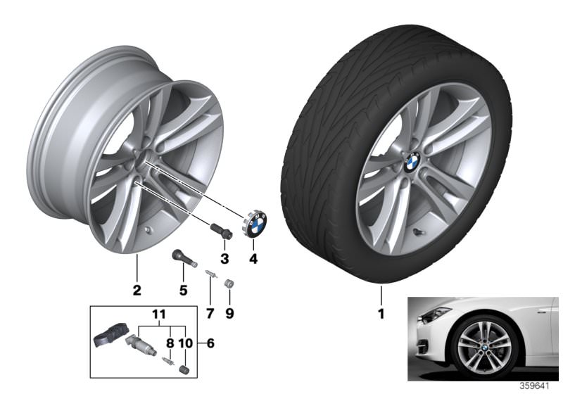 Picture board BMW LA wheel, double spoke 397 - 18´´ for the BMW 3 Series models  Original BMW spare parts from the electronic parts catalog (ETK) for BMW motor vehicles (car)   Hub cap with chrome edge, Light alloy rim Ferricgrey, Repair kit, screw-type v