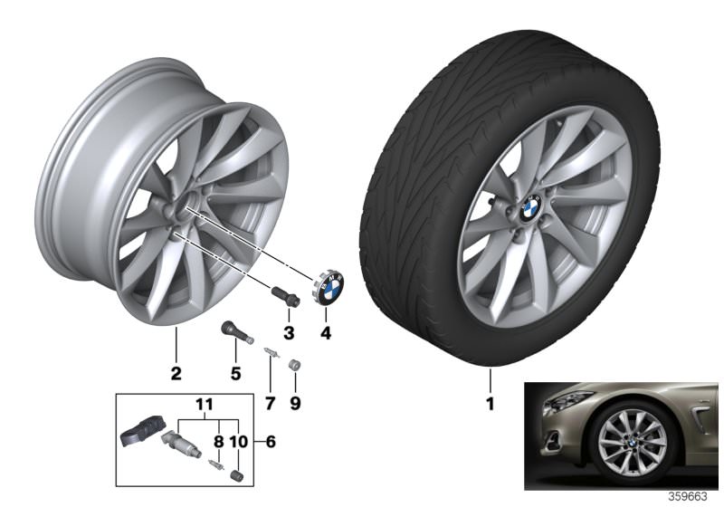 Picture board BMW LA wheel, turbine styling 415 - 18´´ for the BMW 3 Series models  Original BMW spare parts from the electronic parts catalog (ETK) for BMW motor vehicles (car)   Disc wheel, light alloy, reflex-silber, Hub cap with chrome edge, Repair ki