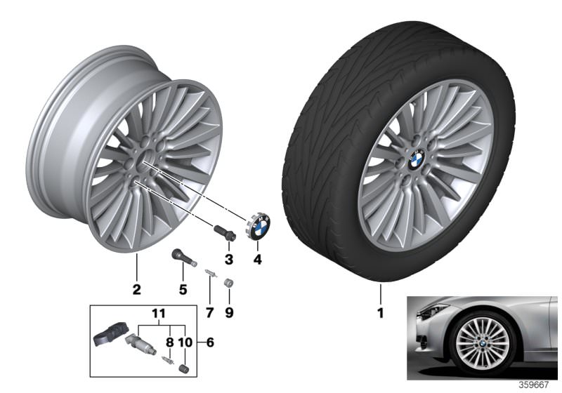 Picture board BMW LA wheel, multi spoke 416 - 18´´ for the BMW 3 Series models  Original BMW spare parts from the electronic parts catalog (ETK) for BMW motor vehicles (car)   Hub cap with chrome edge, Light alloy disc wheel Reflexsilber, Repair kit, scre