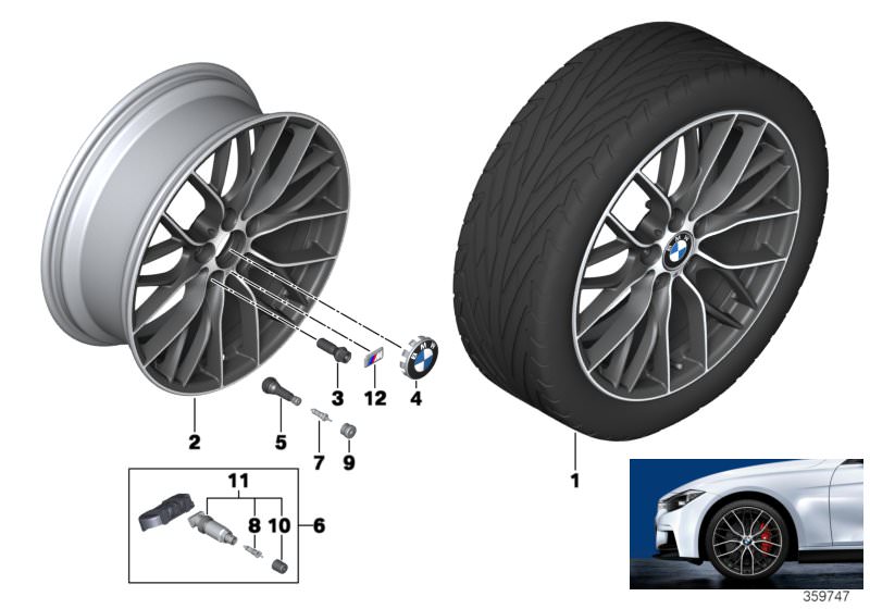 Illustration du BMW LA wheel M double spoke 405-20´´ pour les BMW 3 Série Modèles  Pièces de rechange d'origine BMW du catalogue de pièces électroniques (ETK) pour véhicules automobiles BMW (voiture)   Disc wheel, light alloy, bright-turned, Hub cap with 