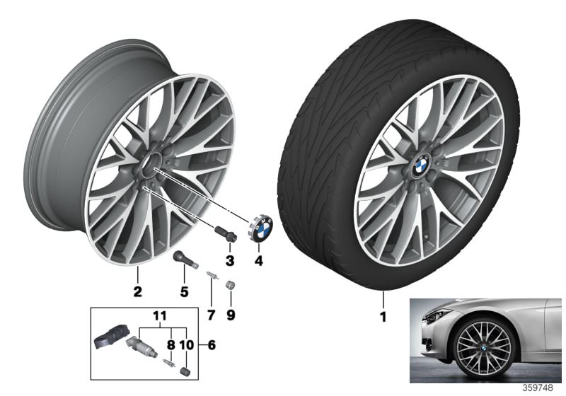 Picture board BMW LA wheel cross spoke 404-20´´ for the BMW 4 Series models  Original BMW spare parts from the electronic parts catalog (ETK) for BMW motor vehicles (car)   Disc wheel, light alloy, bright-turned, Hub cap with chrome edge, Repair kit, scre