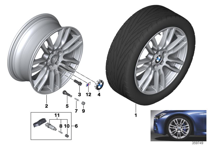 Picture board BMW LA wheel, M star spoke 403 - 19´´ for the BMW 3 Series models  Original BMW spare parts from the electronic parts catalog (ETK) for BMW motor vehicles (car)   Hub cap with chrome edge, Light alloy rim Ferricgrey, M badge, Repair kit, scr