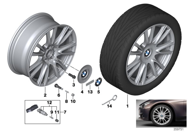 Picture board BMW LA wheel, individ. V-spoke 439-19´´ for the BMW 3 Series models  Original BMW spare parts from the electronic parts catalog (ETK) for BMW motor vehicles (car)   BMW insignia stamped with adhesive film, Disc wheel, light alloy, bright-tur