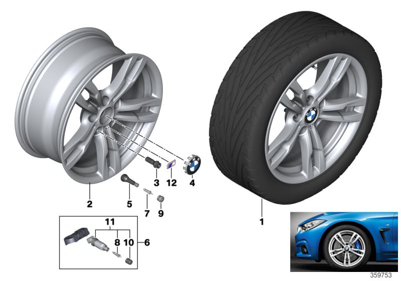 Picture board BMW LA wheel, M double spoke 441 - 18´´ for the BMW 4 Series models  Original BMW spare parts from the electronic parts catalog (ETK) for BMW motor vehicles (car)   Disc wheel light alloy dekor silver 2, Hub cap with chrome edge, M badge, Re