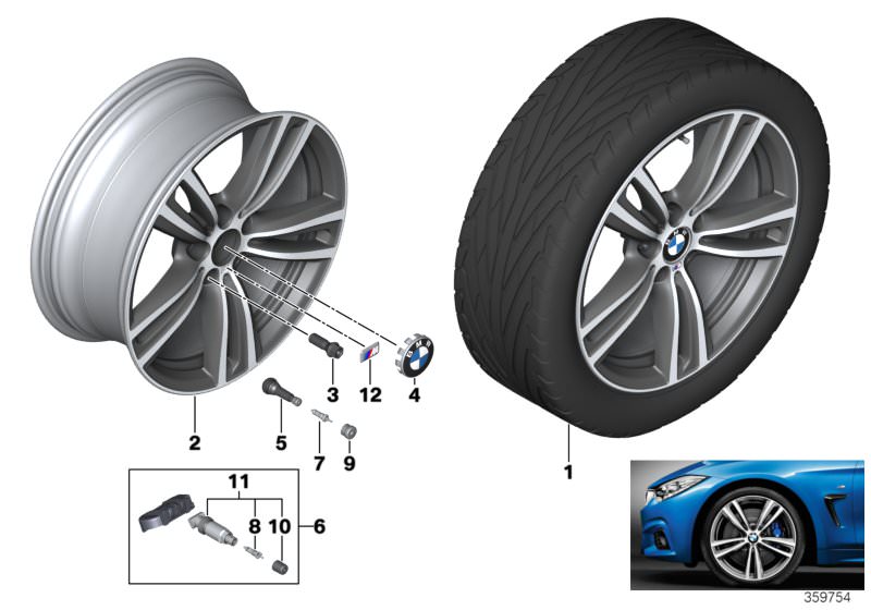 Picture board BMW LA wheel, M double spoke 442 - 19´´ for the BMW 3 Series models  Original BMW spare parts from the electronic parts catalog (ETK) for BMW motor vehicles (car)   Hub cap with chrome edge, Light alloy rim Ferricgrey, M badge, Repair kit, s