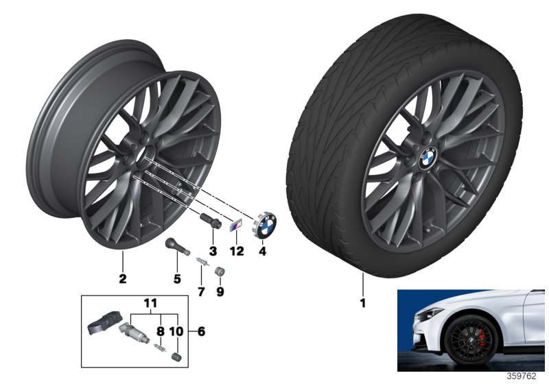 Picture board BMW LA wheel M double spoke 405-18´´ for the BMW 4 Series models  Original BMW spare parts from the electronic parts catalog (ETK) for BMW motor vehicles (car)   Disc wheel, light alloy, matt black, Hub cap with chrome edge, M badge, Repair 
