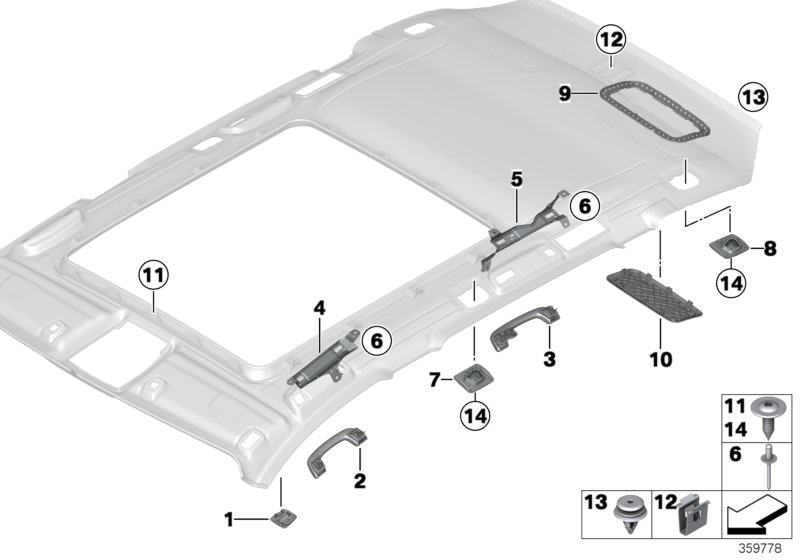 Picture board Mounting parts, roofliner for the BMW 3 Series models  Original BMW spare parts from the electronic parts catalog (ETK) for BMW motor vehicles (car)   Blind rivet, Bracket, front right grab handle, Clip, Clip Natur, COVER F RIGHT LOUDSPEAKER