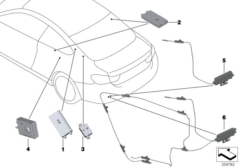 Bildtafel Einzelteile Antennenverstärker für die BMW 4er Modelle  Original BMW Ersatzteile aus dem elektronischen Teilekatalog (ETK) für BMW Kraftfahrzeuge( Auto)    Antennenverstärker, Antennenverstärker AM/FM, GSM-Notfall-Antenne, Sperrkreis, Verstärker