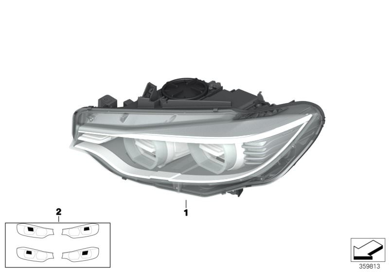 Picture board Headlight for the BMW 4 Series models  Original BMW spare parts from the electronic parts catalog (ETK) for BMW motor vehicles (car)   Bi-xenon headlight AKL, left, Set masking foil f headlight